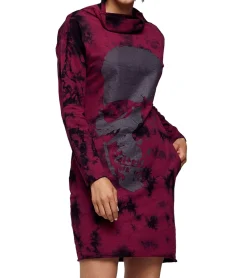 Kleider|Sweater & Pullover*ROCKUPY Damen Sweat-Kleid mit Totenkopf-Print Pullover-Kleid Langarm-Kleid W-393822 Bordeaux/Schwarz
