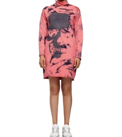 Kleider|Sweater & Pullover*ROCKUPY Damen Sweat-Kleid mit Totenkopf-Print Pullover-Kleid Langarm-Kleid 393822 Rosa/Schwarz