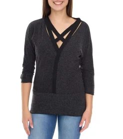 Sweater & Pullover|Tops & T-Shirts*ROCKUPY Damen Sweatshirt Baumwoll-Shirt mit V-Ausschnitt 1/2 Arm W0418001 Grau