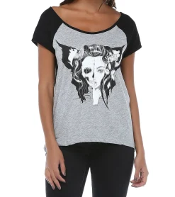Tops & T-Shirts*ROCKUPY Damen T-Shirt Kurzarm-Shirt mit Totenkopf-Print Baumwoll-Shirt W.0218001 Grau/Schwarz