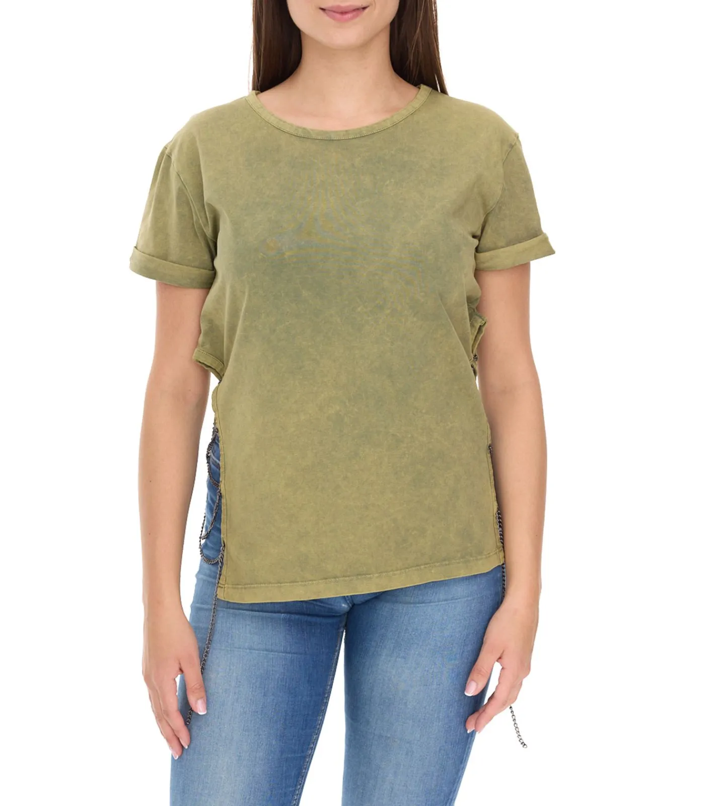 Tops & T-Shirts*ROCKUPY Damen T-Shirt Kurzarm-Shirt mit Seitenschlitz Baumwoll-Shirt Rundhals-Shirt 393828 Grün