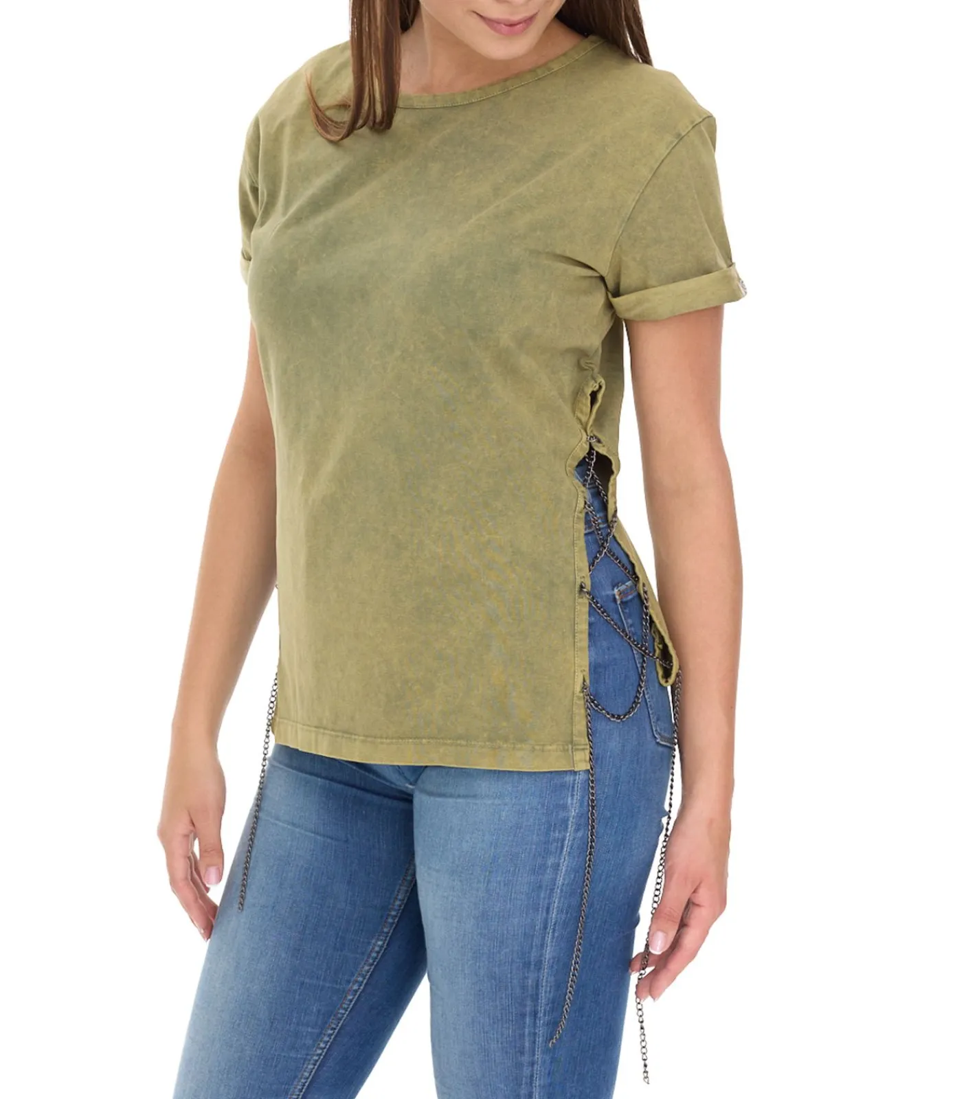 Tops & T-Shirts*ROCKUPY Damen T-Shirt Kurzarm-Shirt mit Seitenschlitz Baumwoll-Shirt Rundhals-Shirt 393828 Grün