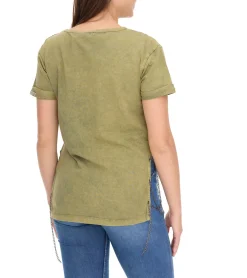 Tops & T-Shirts*ROCKUPY Damen T-Shirt Kurzarm-Shirt mit Seitenschlitz Baumwoll-Shirt Rundhals-Shirt 393828 Grün