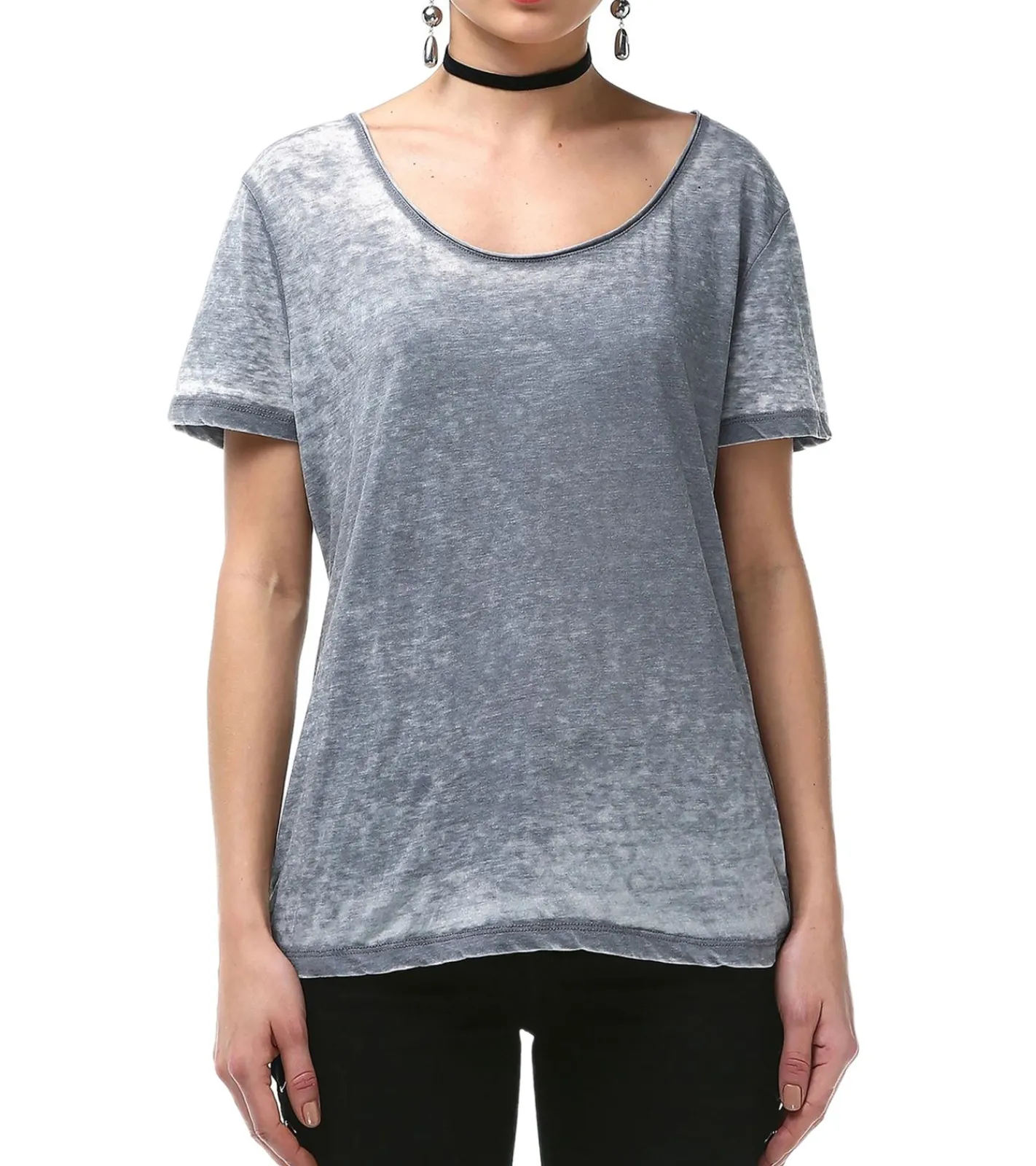 Tops & T-Shirts*ROCKUPY Damen T-Shirt mit Totenkopf-Aufdruck Kurzarm-Shirt Baumwoll-Shirt 317053 Grau