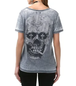 Tops & T-Shirts*ROCKUPY Damen T-Shirt mit Totenkopf-Aufdruck Kurzarm-Shirt Baumwoll-Shirt 317053 Grau
