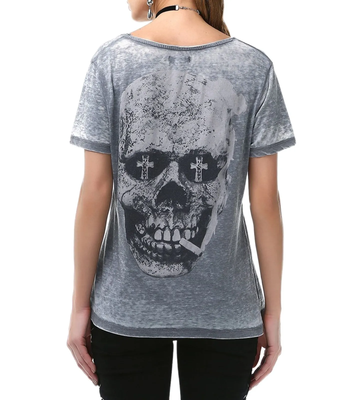 Tops & T-Shirts*ROCKUPY Damen T-Shirt mit Totenkopf-Aufdruck Kurzarm-Shirt Baumwoll-Shirt 317053 Grau