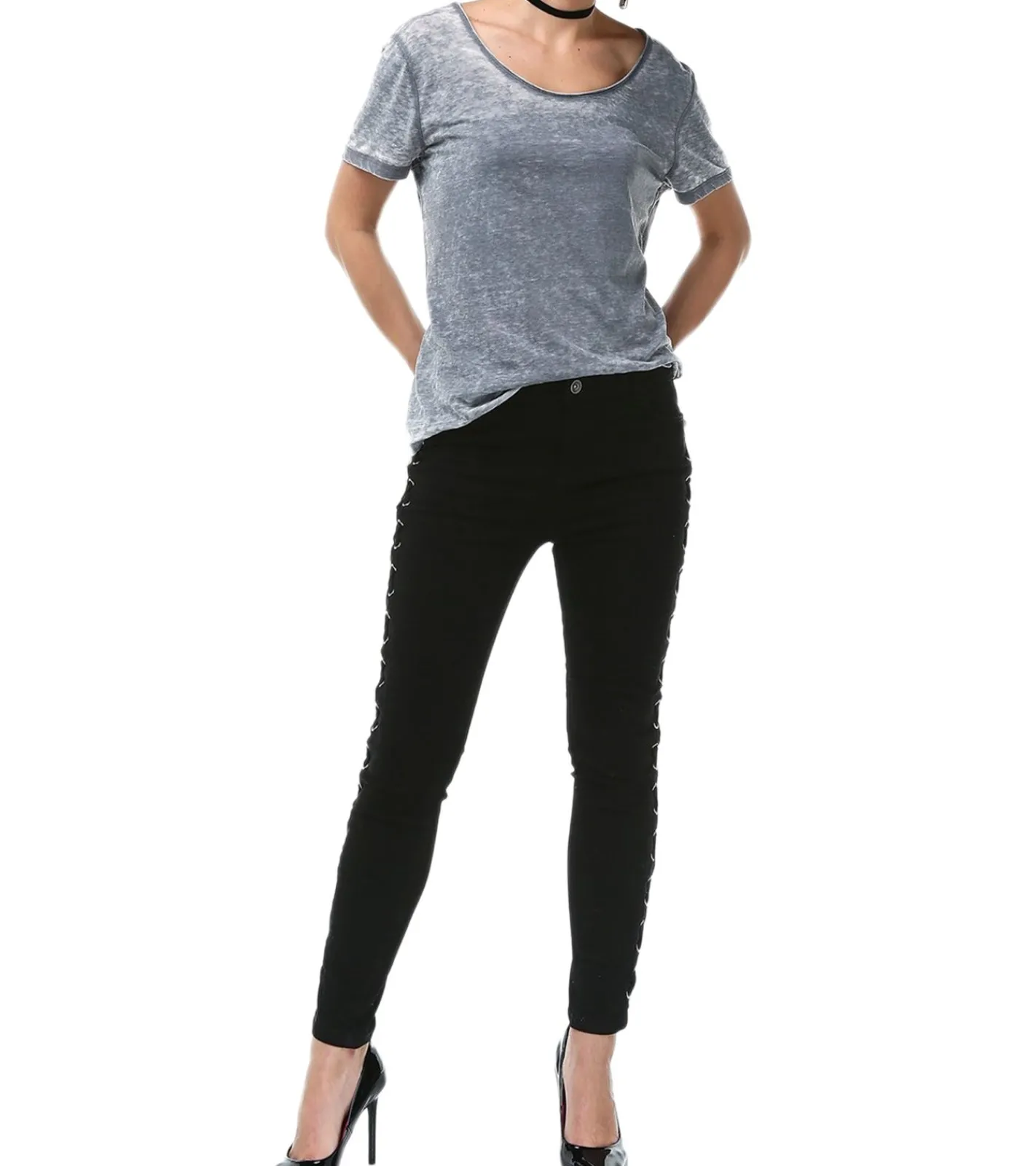 Tops & T-Shirts*ROCKUPY Damen T-Shirt mit Totenkopf-Aufdruck Kurzarm-Shirt Baumwoll-Shirt 317053 Grau