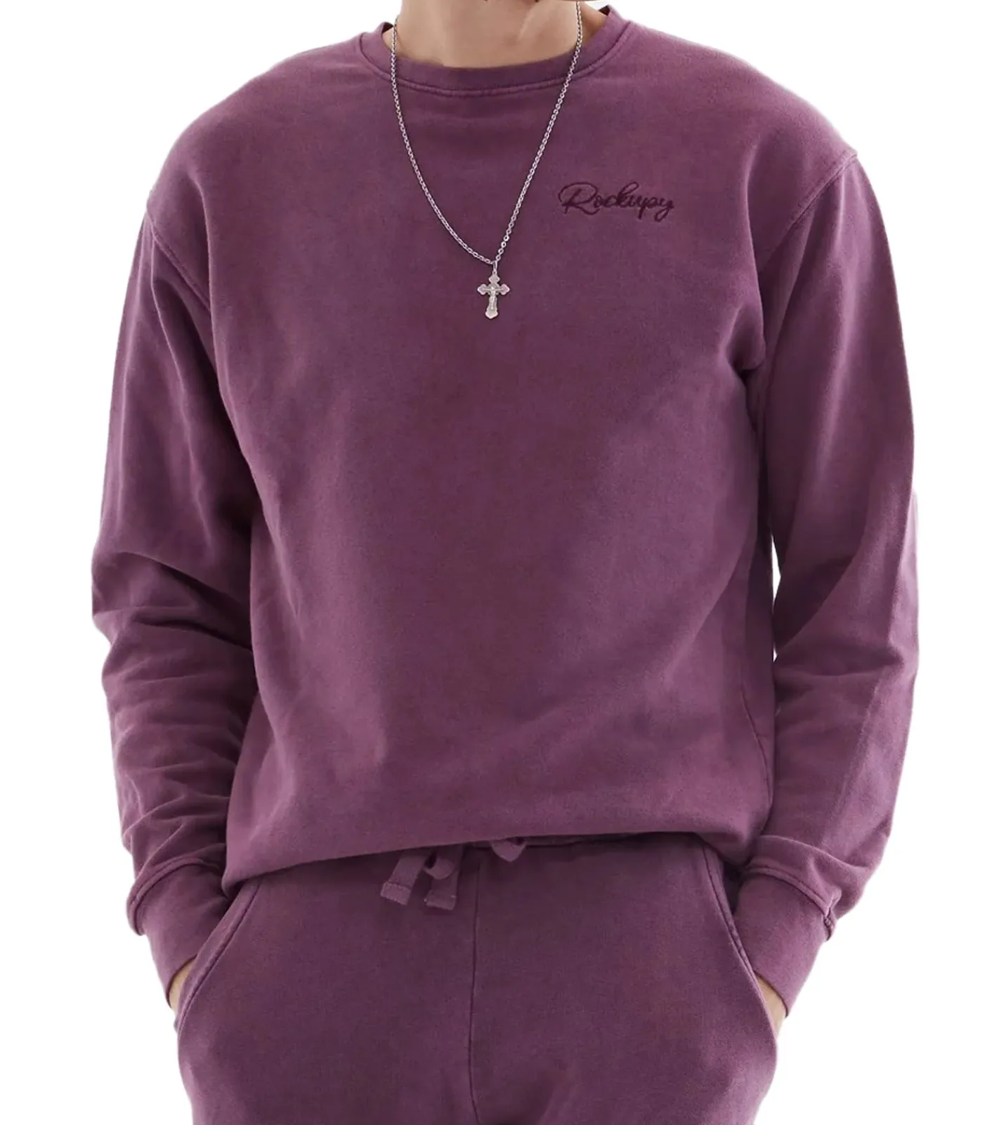 Pullover & Sweater*ROCKUPY Herren Sweatshirt Baumwoll-Pullover mit Logo-Stickerei Rundhals-Pulli UNI-400201 Mauve/Lila