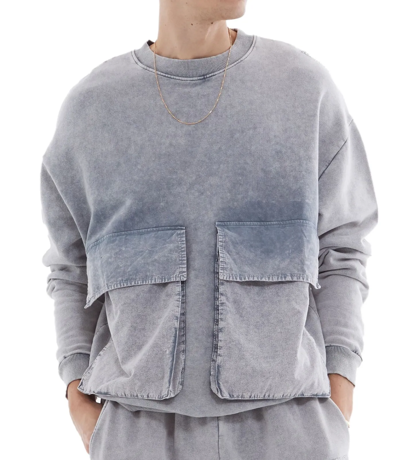 Pullover & Sweater*ROCKUPY Herren Sweatshirt Baumwoll-Pullover mit Taschen Rundhals-Pulli MMS-400001 511 Grau