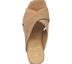 Zehentrenner & Sandalen*Sansibar Damen Echtleder-Schuhe moderne Sommer-Sandale mit Blockabsatz offener Slipper 1076140 Hellbraun