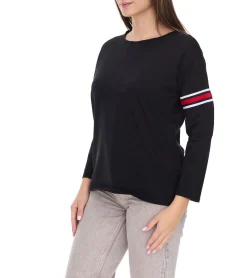 Sweater & Pullover*sequano Damen Sweatshirt Baumwoll-Shirt mit Streifen Pullover 900338 Schwarz