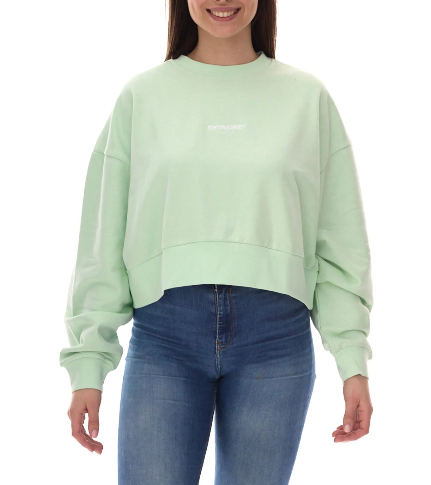 Sweater & Pullover*Sixth June Damen Crop-Pullover mit Stickerei Rundhals-Pullover Langarm-Shirt W33810ESW Mintgrün