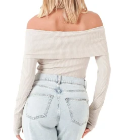 Sweater & Pullover*Sixth June Damen gerippter Crop-Pullover Langarm-Shirt Cropped-Pullover Sweater W34121KTO Beige