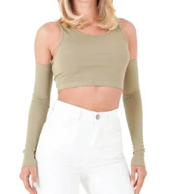 Sweater & Pullover|Tops & T-Shirts*Sixth June Damen geripptes Crop-Top Cropped-Pullover mit abnehmbaren Ärmeln Langarm-Shirt W34131KTO Grün