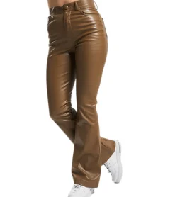 Hosen & Jeans*Sixth June Damen Kunstleder-Hose Schlag-Hose mit Marken Stickerei Alltags-Hose 33611 Braun