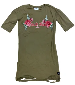 Kleider|Sweater & Pullover*Sixth June Damen Sweat-Kleid Destroyed Baumwoll-Kleid mit Rosen-Print Sommer-Kleid W3177VDR Khaki