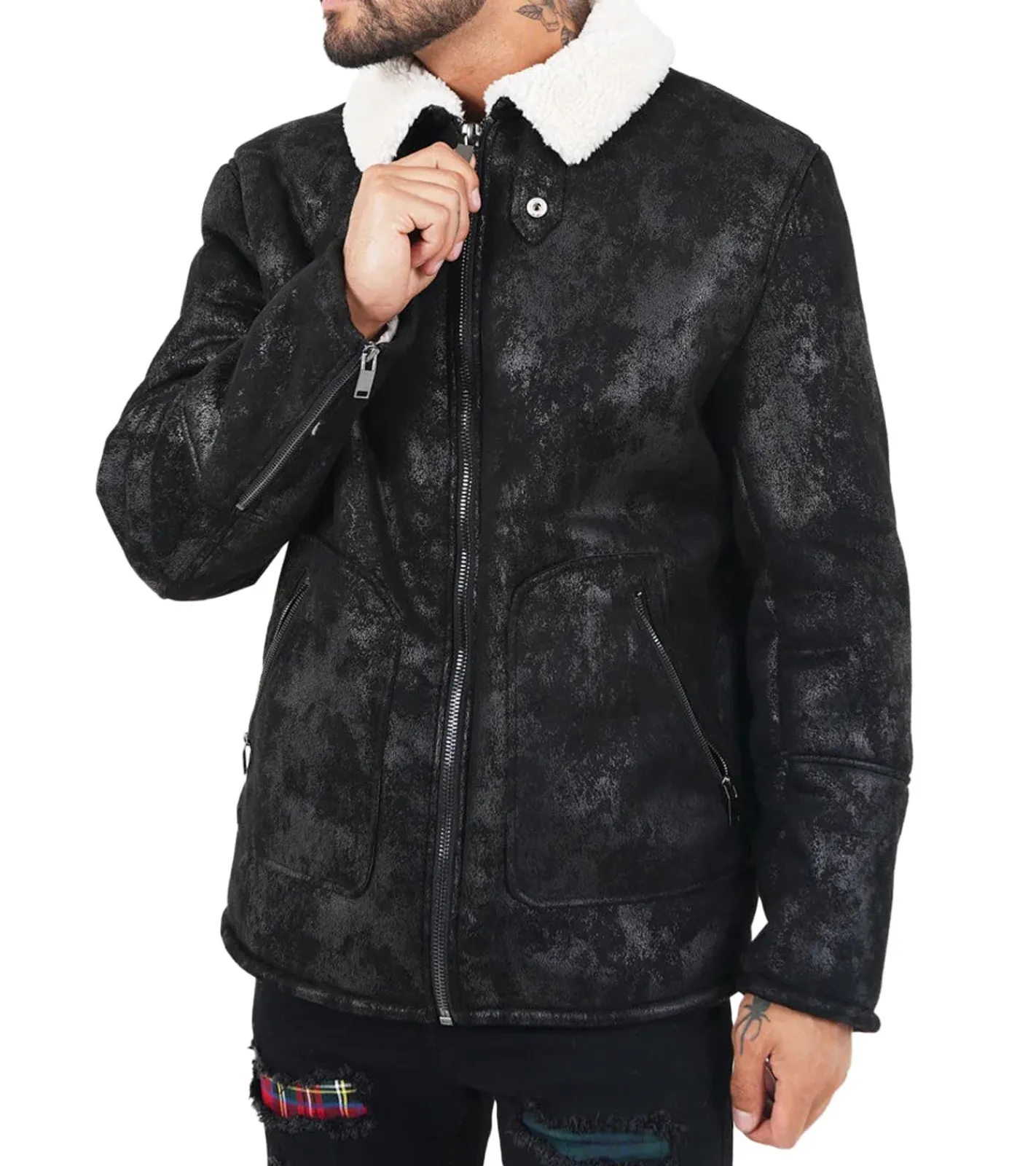 Jacken & Mäntel*Sixth June Herren Übergangs-Jacke aus Kunstschaffell Frühjahrs-Jacke in Antik-Optik 22267 Schwarz