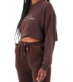 Sweater & Pullover*Sixth June Signature Damen Cropped-Pullover mit großer Signatur-Stickerei Rundhals-Sweater 32557 Braun