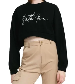 Sweater & Pullover*Sixth June Signature Damen Cropped-Pullover mit großer Signatur-Stickerei Rundhals-Sweater 32557 Schwarz