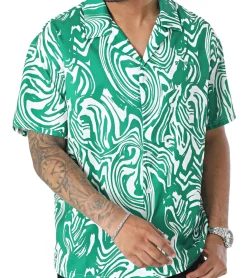 Hemden & Poloshirts*Sixth June Strand Hemd Herren Hemd mit psychedelischem Print Kurzarm-Shirt Reverskragen M23641PSH Grün