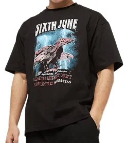 T-Shirts & Tank Tops*Sixth June Vintage Herren Baumwoll-Shirt Rundhals-Shirt mit farbigen Adler-Print T-Shirt M23742ETS Schwarz
