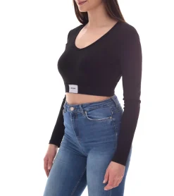 Tops & T-Shirts*Sixth June V-Neck Damen Crop-Top mit elastischem Band und Label-Patch Langarm-Top geripptes Sommer-Shirt W34113KTO Schwarz