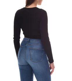 Tops & T-Shirts*Sixth June V-Neck Damen Crop-Top mit elastischem Band und Label-Patch Langarm-Top geripptes Sommer-Shirt W34113KTO Schwarz