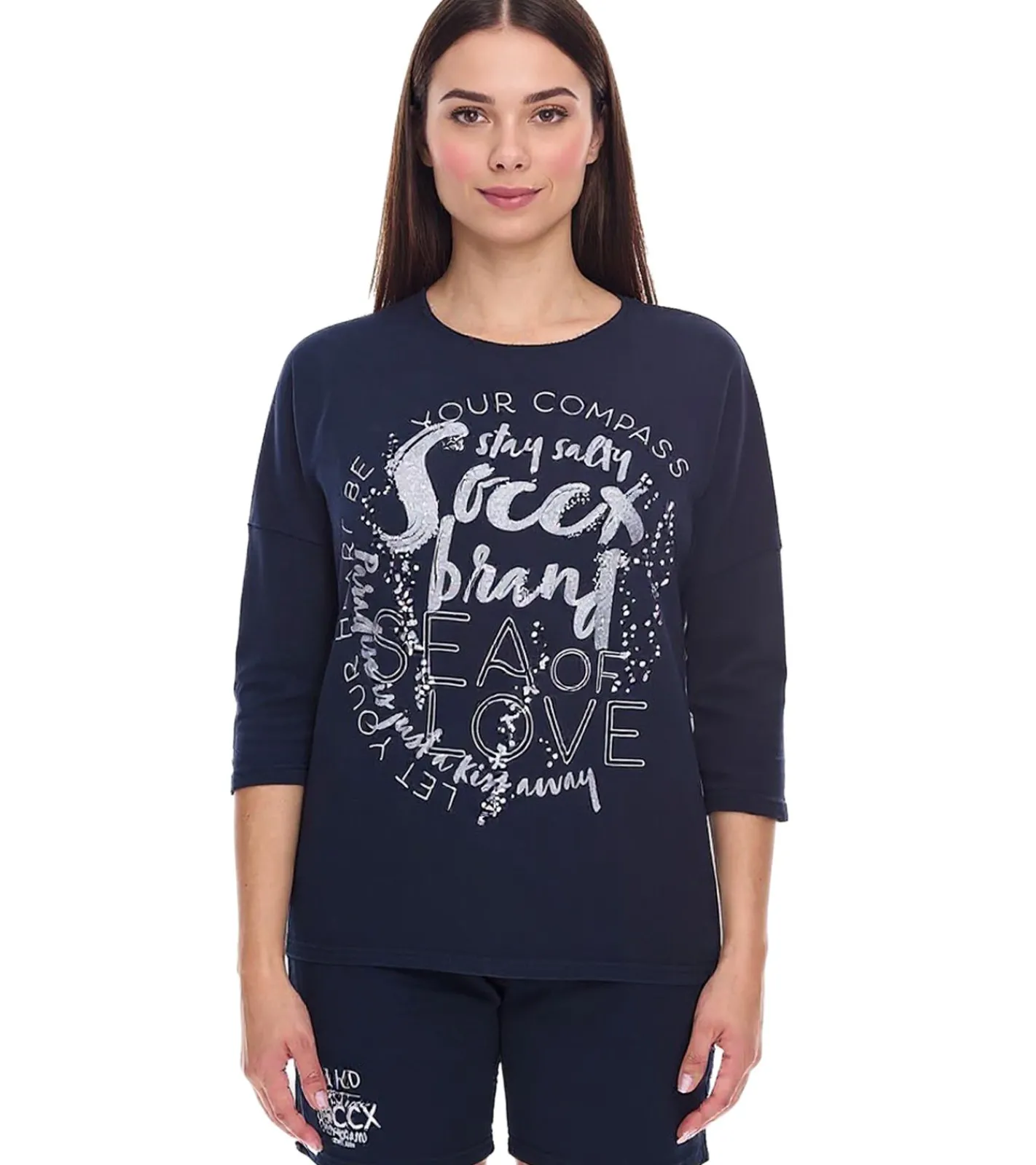 Sweater & Pullover*SOCCX Damen Oversized Sweatshirt mit Rundhals-Ausschnitt Alltags-Pulli SCU-2100-3772 Blau