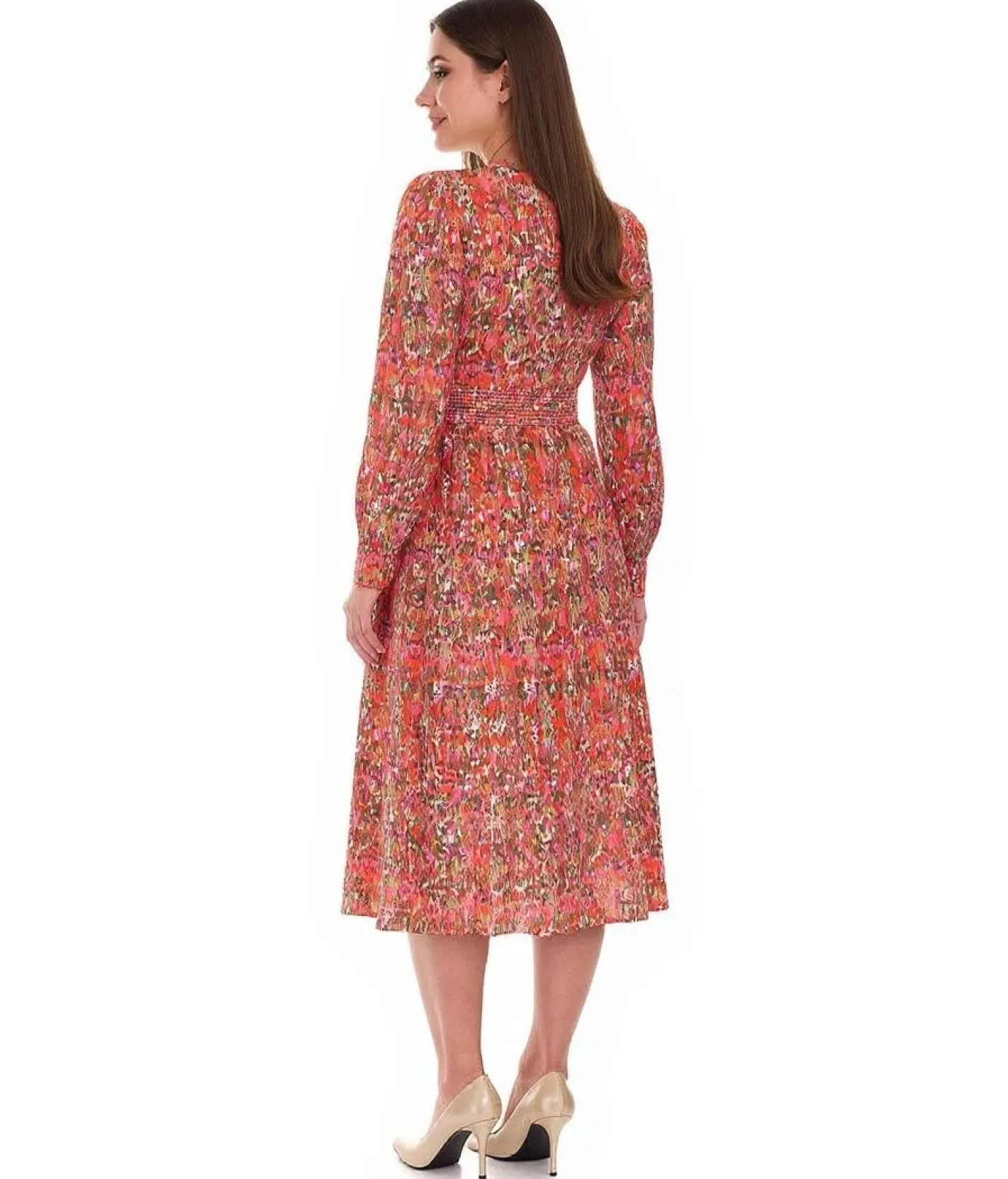 Kleider*O46bpx sommerliches Damen Midi-Kleid mit V-Ausschnitt Urlaubs-Kleid mit Allover-Print Sommer-Kleid Frühlings-Kleid 904366 Rosa/Rot/Grün
