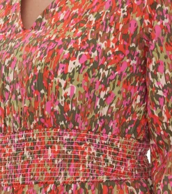 Kleider*O46bpx sommerliches Damen Midi-Kleid mit V-Ausschnitt Urlaubs-Kleid mit Allover-Print Sommer-Kleid Frühlings-Kleid 904366 Rosa/Rot/Grün