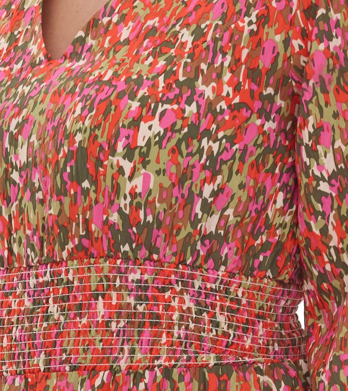 Kleider*O46bpx sommerliches Damen Midi-Kleid mit V-Ausschnitt Urlaubs-Kleid mit Allover-Print Sommer-Kleid Frühlings-Kleid 904366 Rosa/Rot/Grün