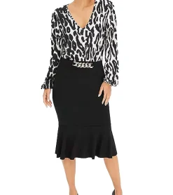 Kleider*O46bpx stilsicheres Damen Midi-Kleid Sommer-Kleid mit Blusenoberteil und Bleistift-Rock Business-Kleid 912462 Schwarz/Weiß