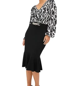 Kleider*O46bpx stilsicheres Damen Midi-Kleid Sommer-Kleid mit Blusenoberteil und Bleistift-Rock Business-Kleid 912462 Schwarz/Weiß