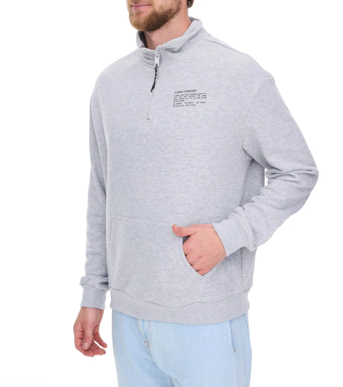 Pullover & Sweater*STITCH & SOUL Herren Sweater mit Reißverschluss moderner Troyer-Pullover mit Stehkragen Baumwoll-Pullover H10014C21404A 23200 Hellgrau