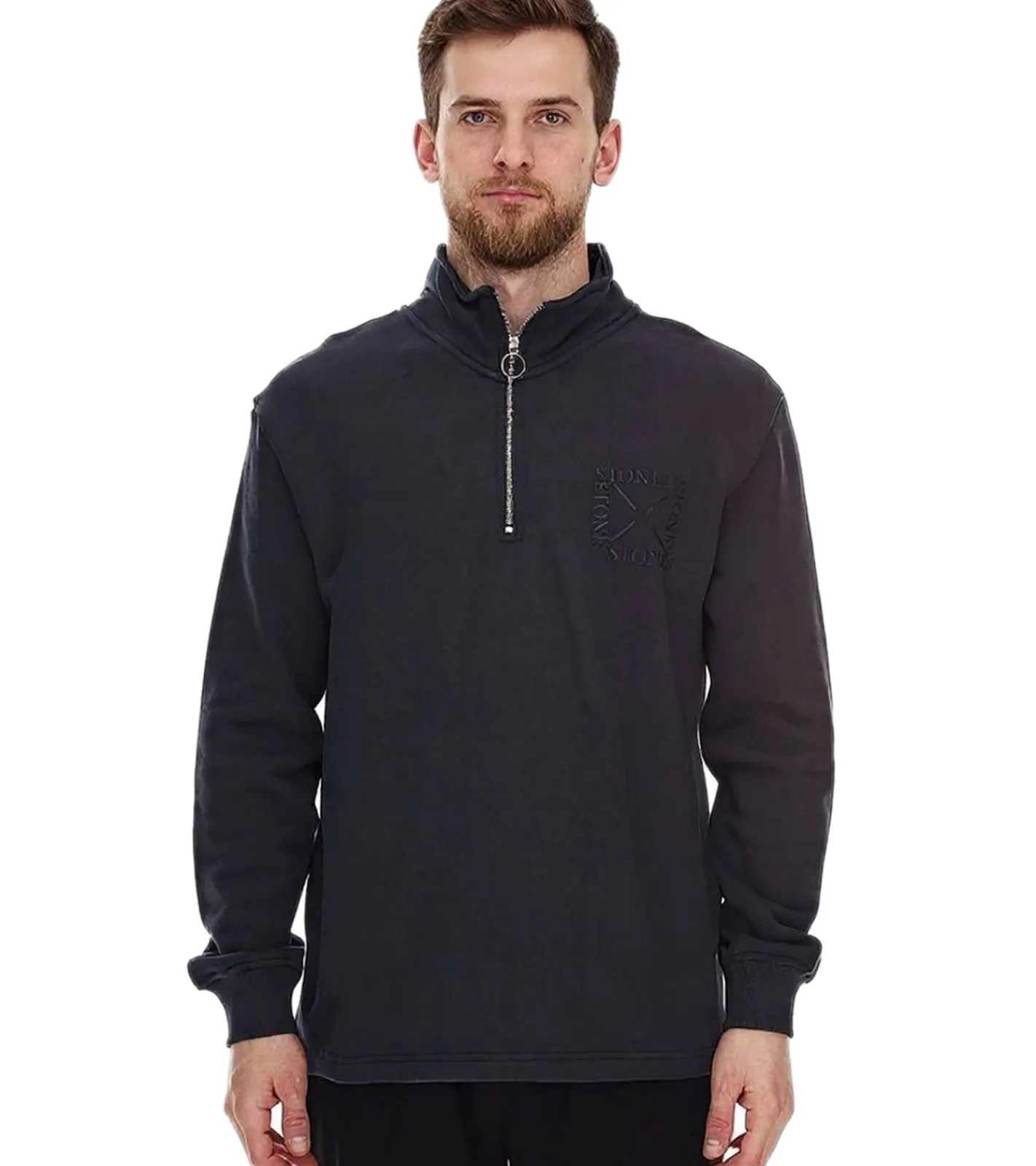 Pullover & Sweater*STONES Herren Pullover Oversized-Half-Zipper moderner Baumwoll-Half-Zipper Troyer 400gsm mit Stehkragen mit Logo-Stickerei Dunkel-Grau