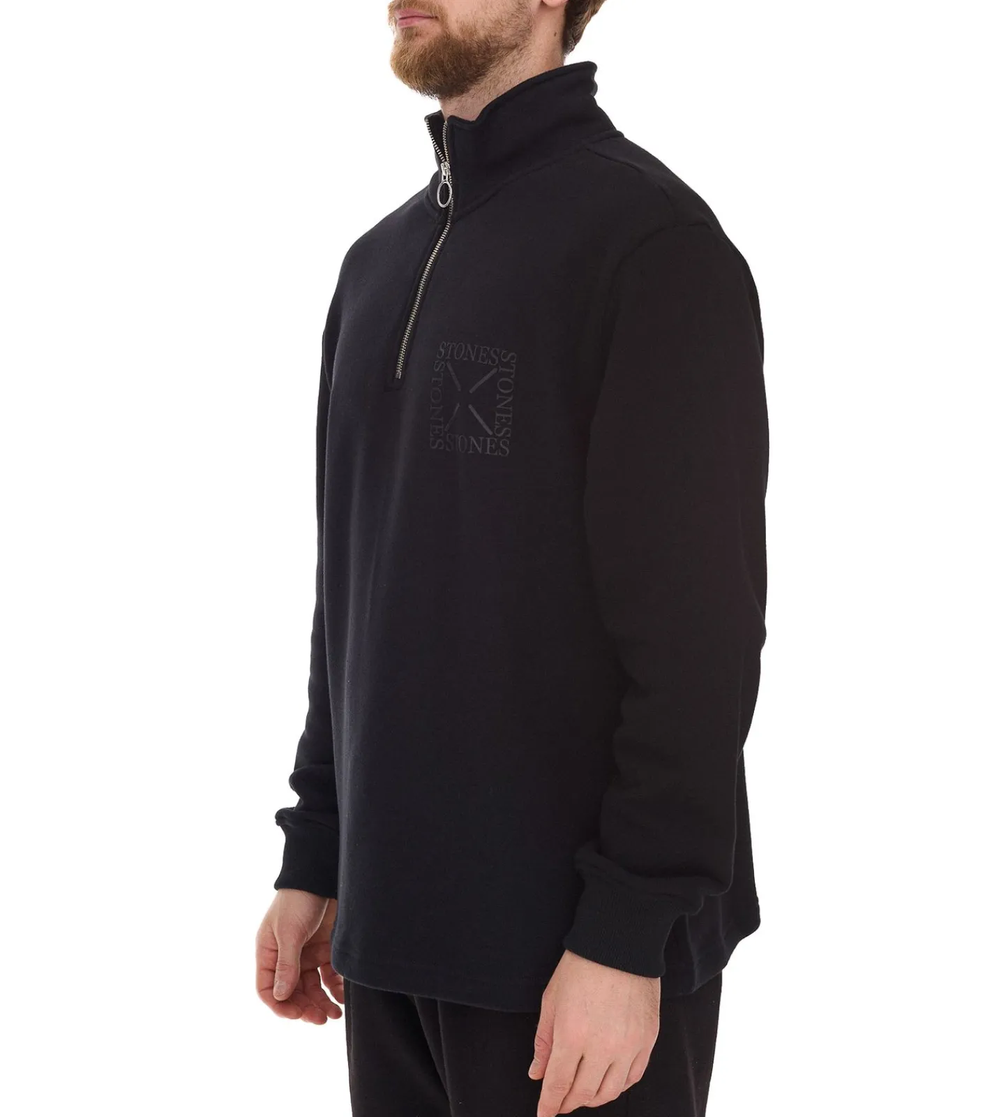 Pullover & Sweater*STONES Herren Pullover Oversized-Zipper moderner Baumwoll-Zipper Troyer 400gsm mit Stehkragen mit Logo-Stickerei Schwarz