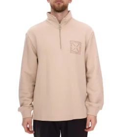 Pullover & Sweater*STONES Herren Sweater mit Reißverschluss moderner Troyer-Pullover mit Stehkragen Baumwoll-Pullover 400gsm mit Logo-Stick Oversized-Fit Beige