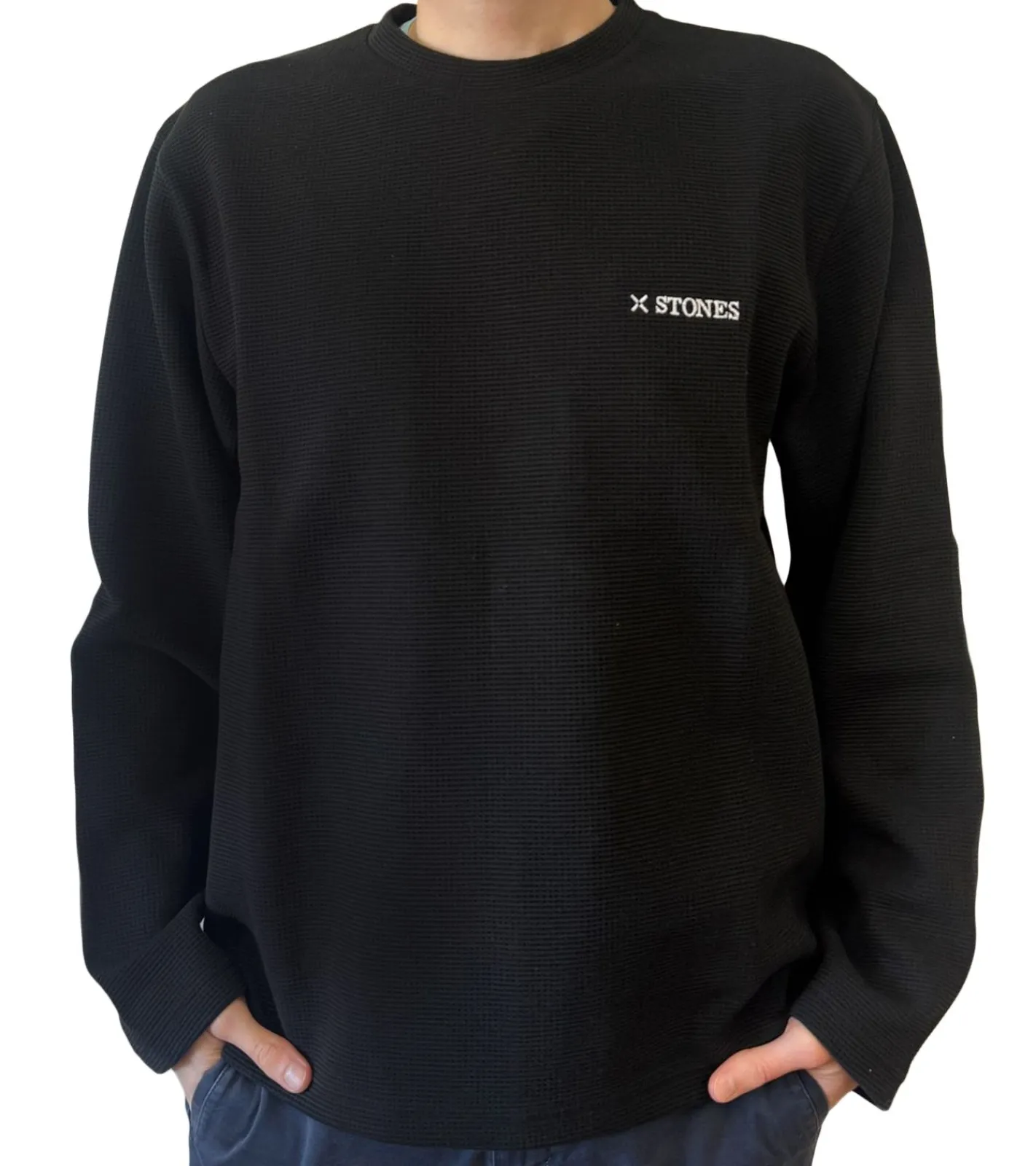Pullover & Sweater*STONES Waffle Herren Sweat-Shirt aus Baumwolle in Waffel-Optik Oversized-Pullover mit Rundhals-Ausschnitt 400gsm Longsleeve Schwarz