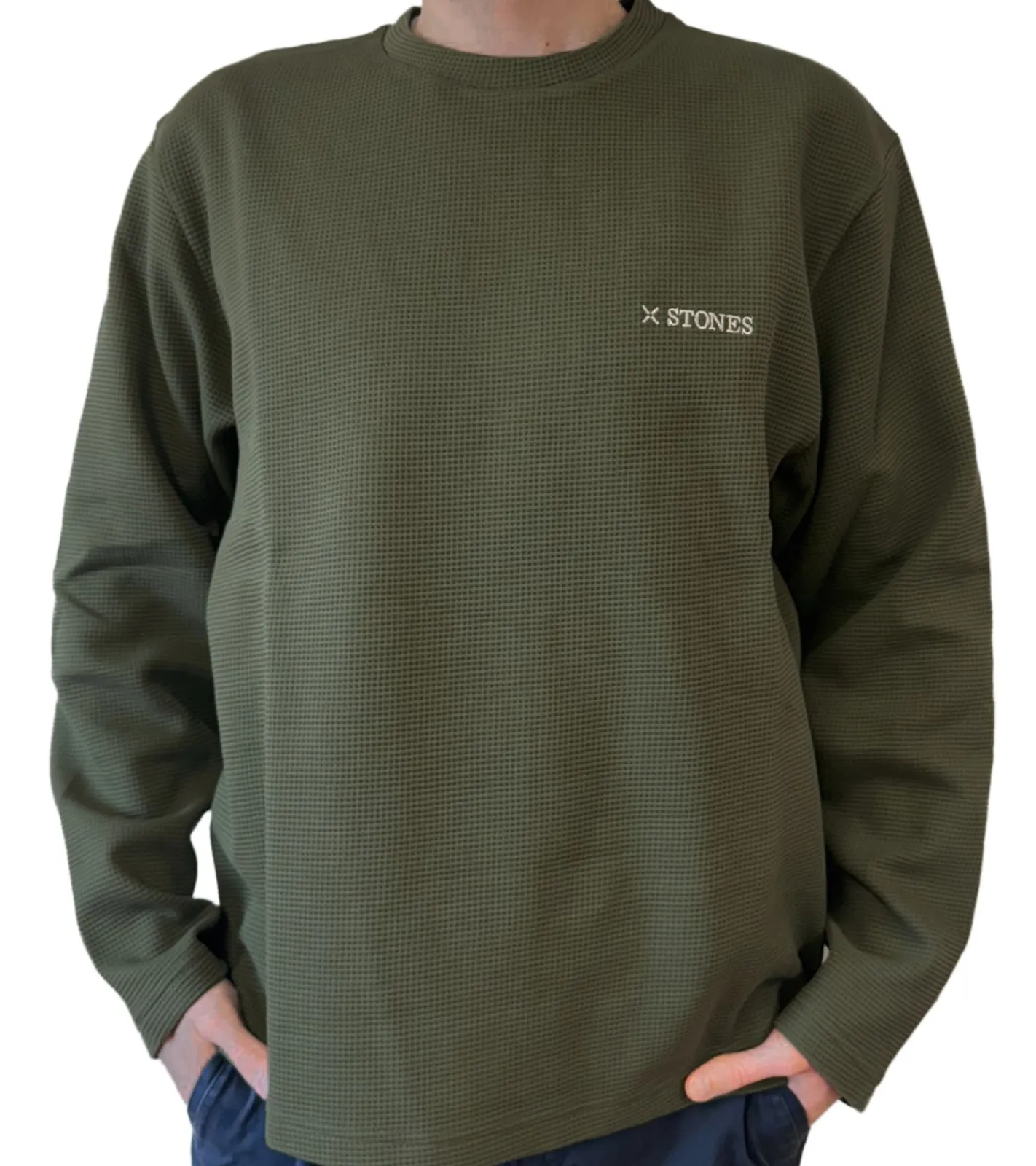 Pullover & Sweater*STONES Waffle Herren Sweat-Shirt aus Baumwolle in Waffel-Optik Oversized-Pullover mit Rundhals-Ausschnitt 400gsm Longsleeve Khaki