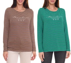 Sweater & Pullover*Street One Damen Langarm-Shirt gestreifter Pullover mit Schriftzug auf der Front Braun/Schwarz oder Grün/Weiß