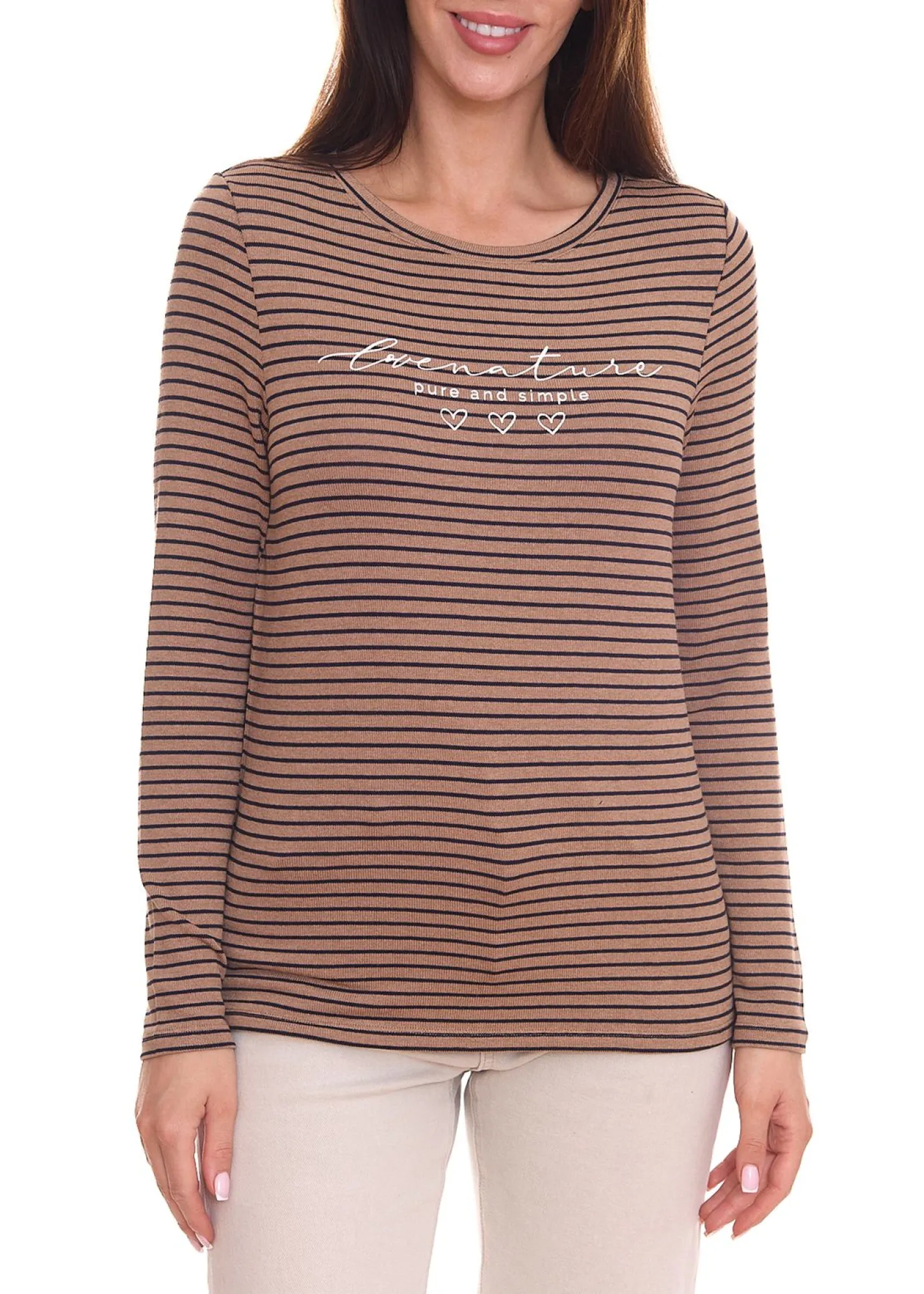 Sweater & Pullover*Street One Damen Langarm-Shirt gestreifter Pullover mit Schriftzug auf der Front 23254627 Braun