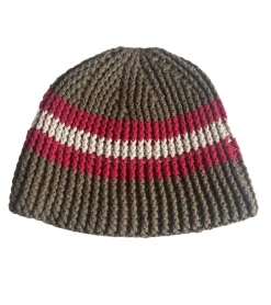 Caps & Mützen*Bio-Domes Headgear Stylische Häkel-Mütze Winter-Mütze weiche Strick-Mütze mit Streifen Baumwoll-Mütze 7313GUY Olivgrün/Rot/Weiß