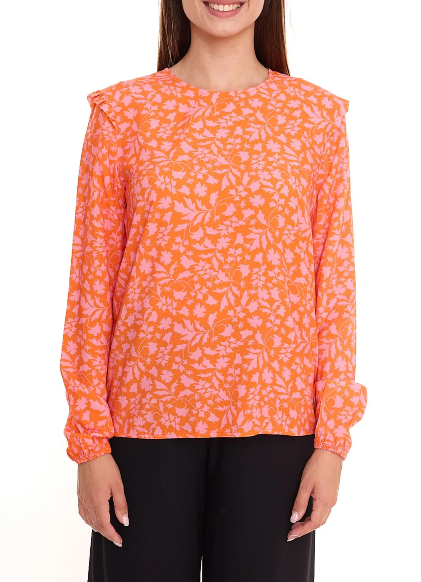 Poloshirts & Blusen*Tamaris Blusen-Shirt Damen Langarm-Bluse mit floralem Muster und kleinen Rüschen 50537609 Orange/Pink