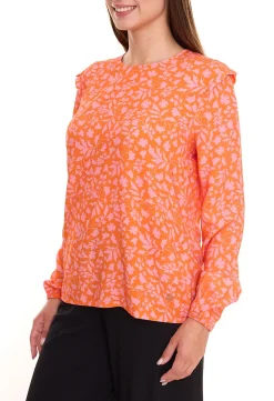 Poloshirts & Blusen*Tamaris Blusen-Shirt Damen Langarm-Bluse mit floralem Muster und kleinen Rüschen 50537609 Orange/Pink