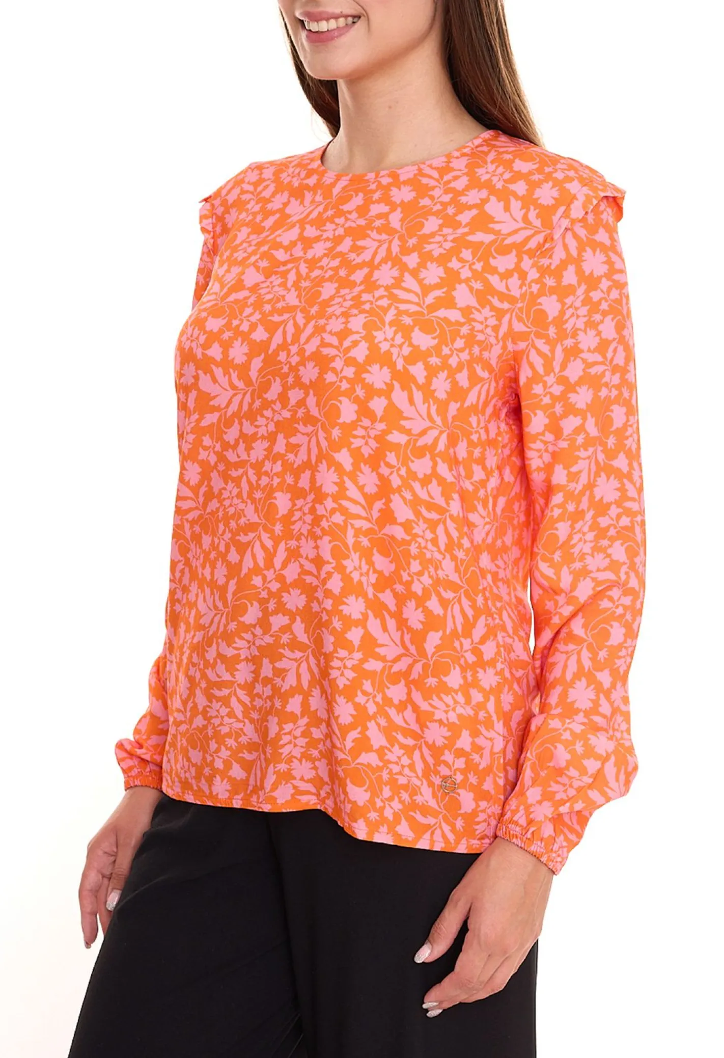 Poloshirts & Blusen*Tamaris Blusen-Shirt Damen Langarm-Bluse mit floralem Muster und kleinen Rüschen 50537609 Orange/Pink