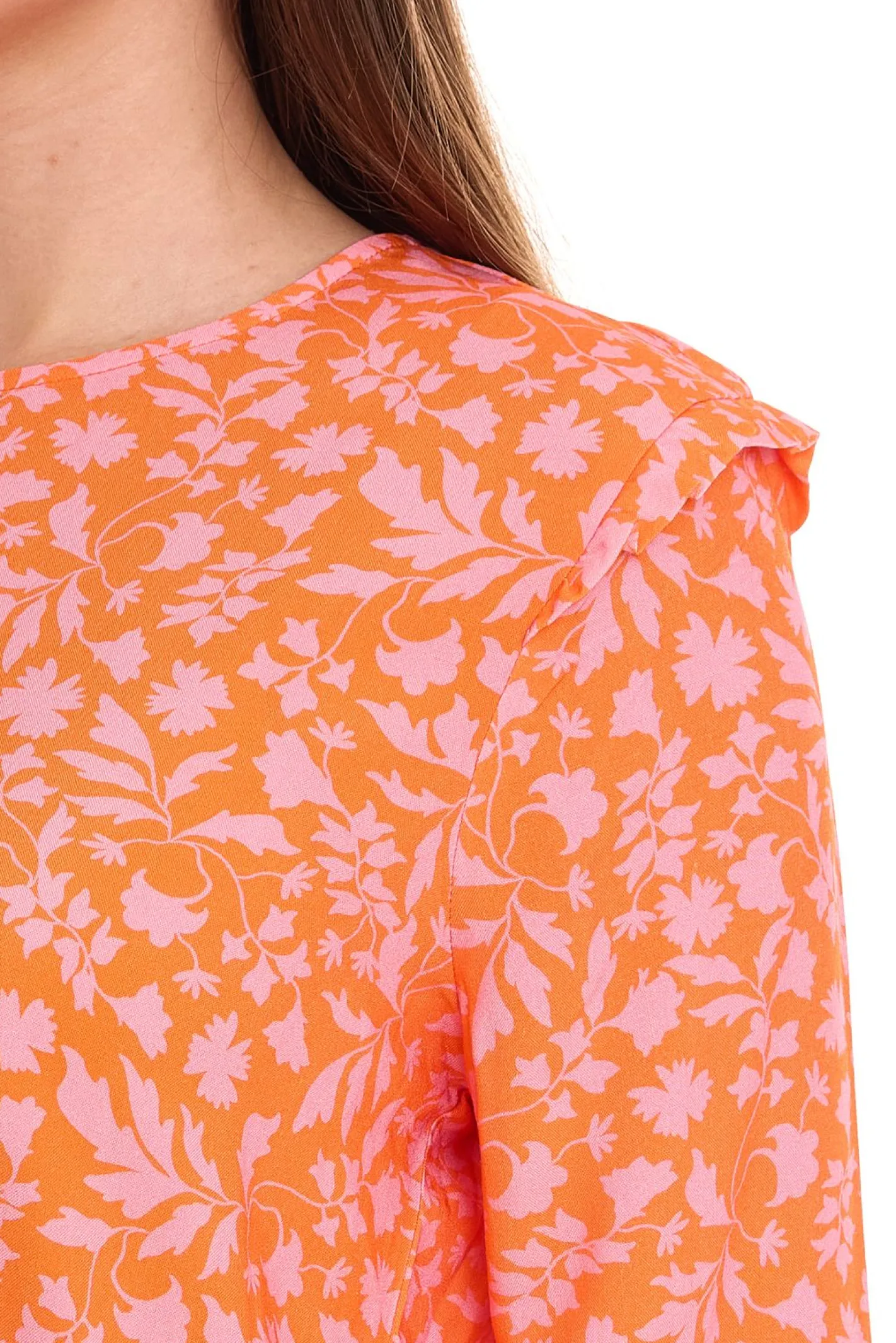 Poloshirts & Blusen*Tamaris Blusen-Shirt Damen Langarm-Bluse mit floralem Muster und kleinen Rüschen 50537609 Orange/Pink