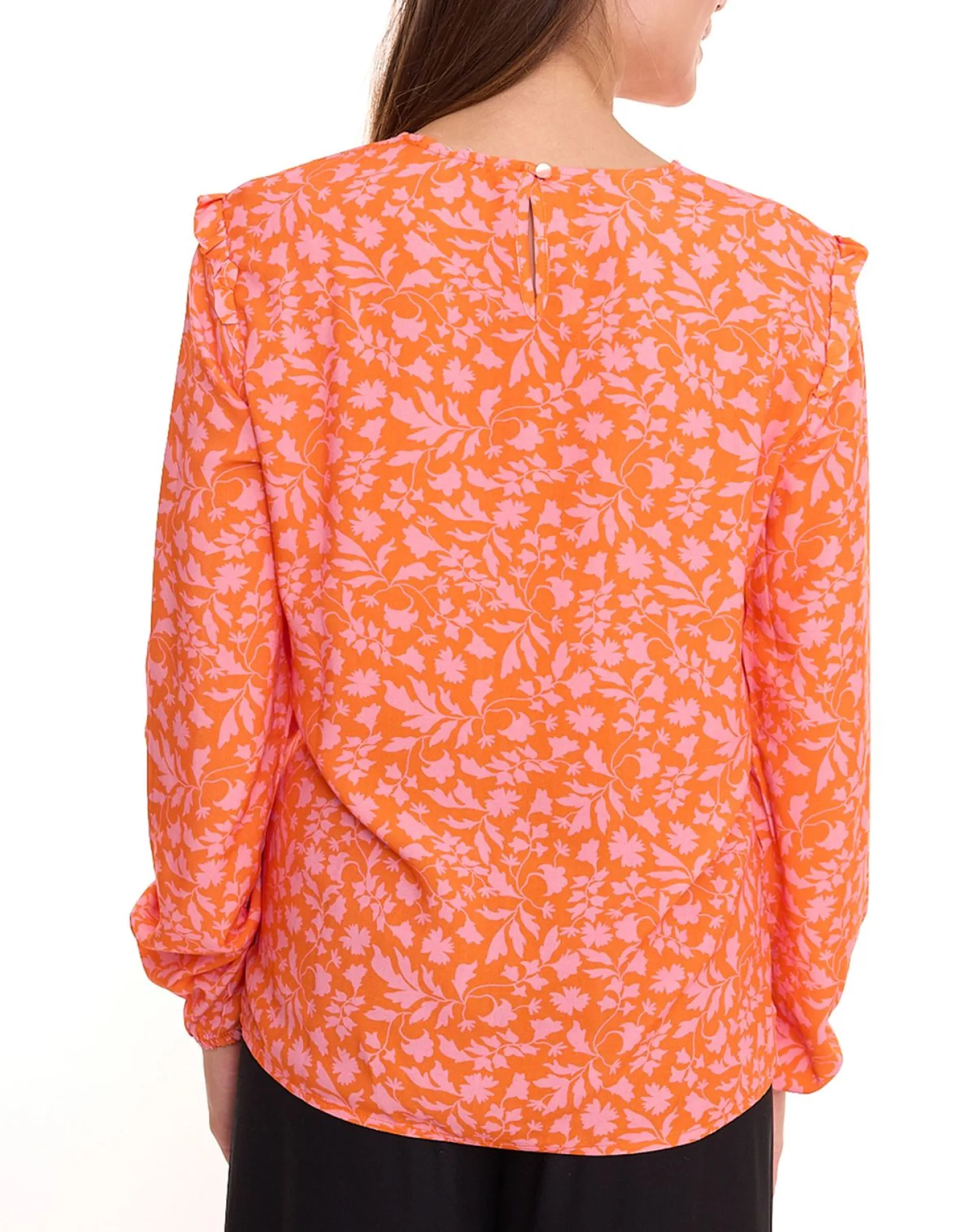 Poloshirts & Blusen*Tamaris Blusen-Shirt Damen Langarm-Bluse mit floralem Muster und kleinen Rüschen 50537609 Orange/Pink