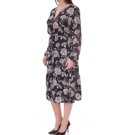 Kleider*Tamaris Damen Midi-Kleid mit langen Ärmeln Web-Kleid mit V-Ausschnitt 28185858 Schwarz/Beige