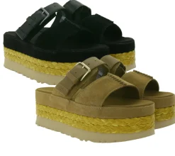 Zehentrenner & Sandalen*UGG Australia Aubrey Slide Damen Echtleder-Schlappen Plateau Pantoletten Sommer-Schuhe mit EVA-Sohle W/1167451 Schwarz oder Braun