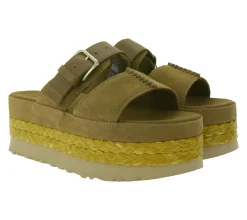 Zehentrenner & Sandalen*UGG Australia Aubrey Slide Damen Echtleder-Schlappen Plateau Pantoletten Sommer-Schuhe mit EVA-Sohle W/1167451 Schwarz oder Braun